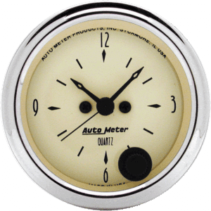 1885 Auto Meter Antique Beige 2 1/16" Quartz Clock 12 volt or 16 volt
