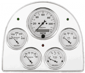 Polished 5-gauge instrument panel featuring a central 120 MPH Auto Meter speedometer and four peripheral monitoring gauges