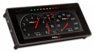 Holley EFI digital dashboard display featuring real-time engine telemetry for high-performance classic car builds